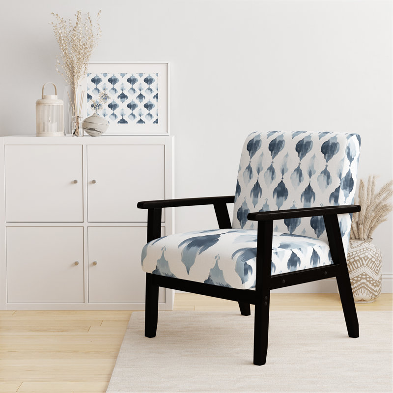 Chaise rembourrée moderne avec accoudoirs gris et blanc Ikat, Accoudoirs carrés noirs