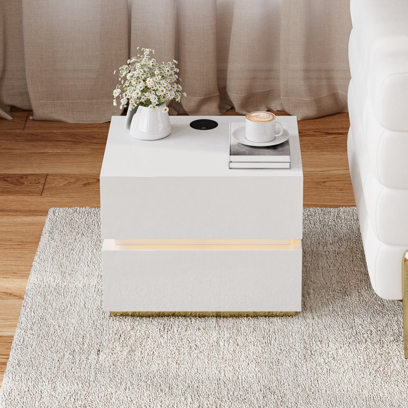 2-Drawer LED Smart White Nightstand with Wireless Charger for Bedroom, White