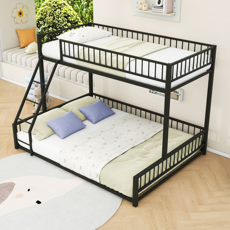Bunk Bed Frame With Ladder And Guardrails, Twin Extra Long Over Queen, Black