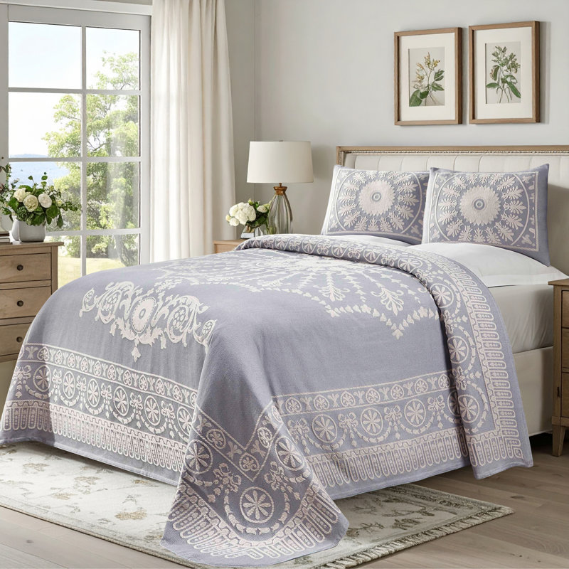 Alistair Lightweight Cotton Blend Jacquard Traditional Medallion Bedspread Set, Slate Blue