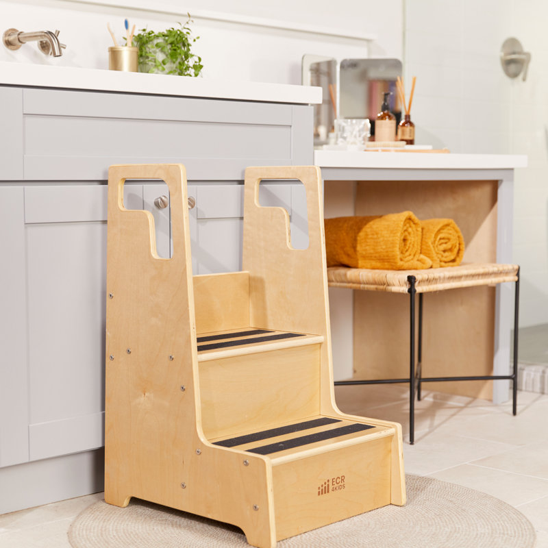 Natural Birch 2-Step Wooden Kids Step Stool with Handles
