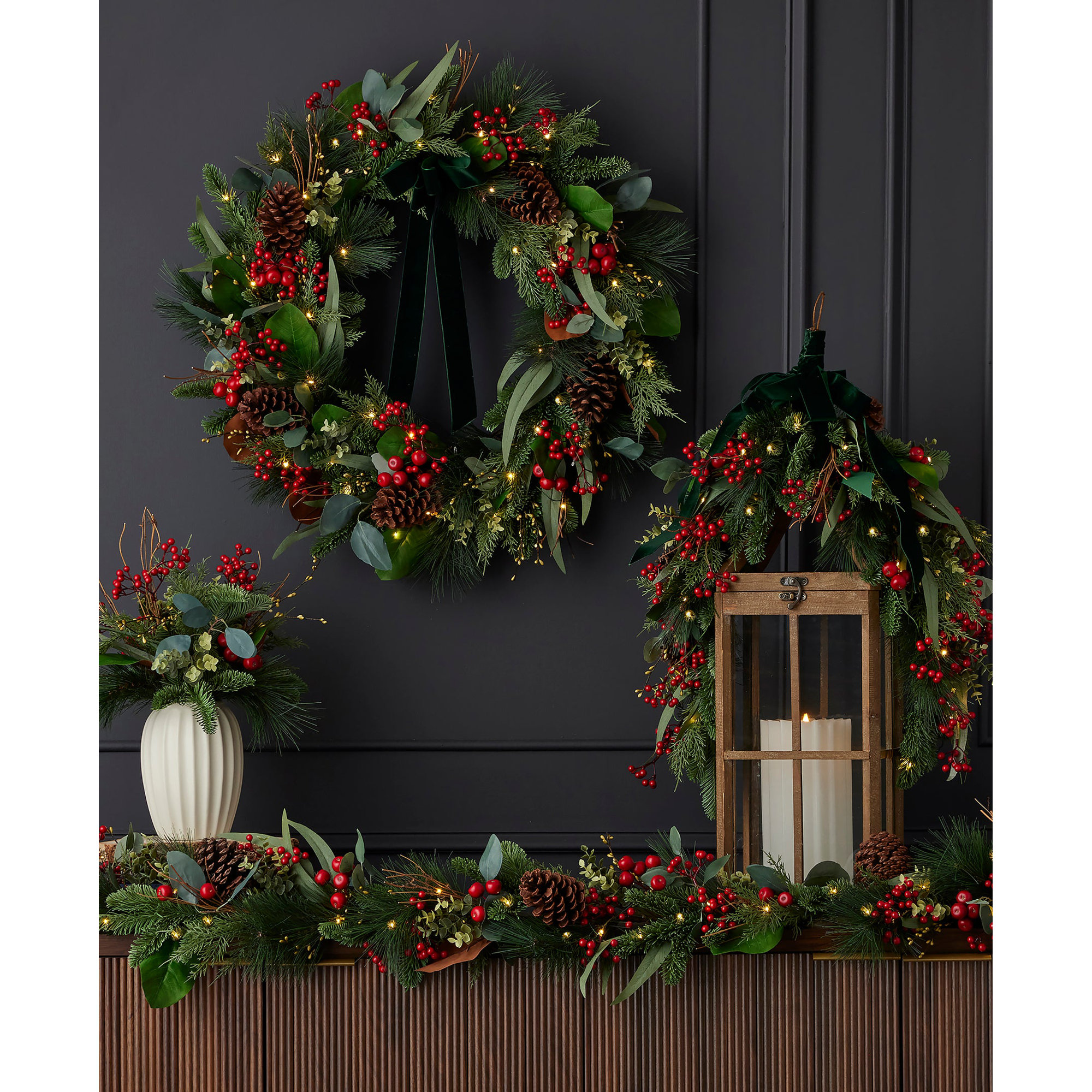 Magnolia Leaf, Eucalyptus, and Berry 30in Swag, Pre-Lit with Fairy Lights B/O