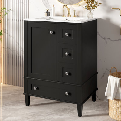 24" Black Vanity For Bathroom, Featuring A Ceramic Basin, Double - Layer Shelf, And Easy Assembly 24 Inch Bathroom With Panels, Soft Close Hinges, Stylish Zinc Alloy Handles