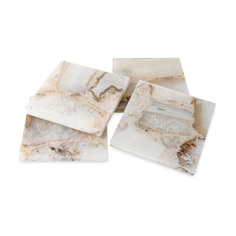 Square White and Brown Ceramic Coaster Set