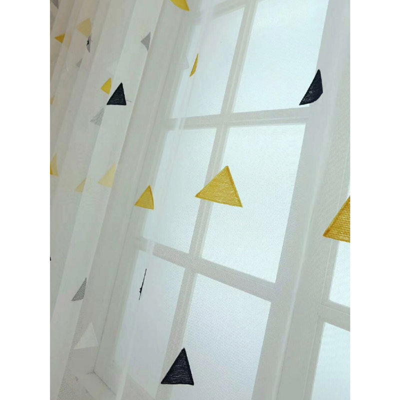 Modern Geometric Triangle Embroidered Sheer Curtain, Rod Pocket Light Filtering White Voile Drape for Windows, 79