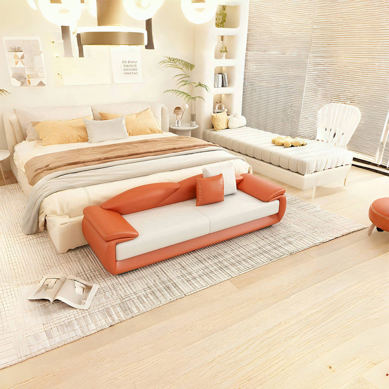 Banc rembourré en similicuir de haute qualité, Blanc cassé / rouge-orange