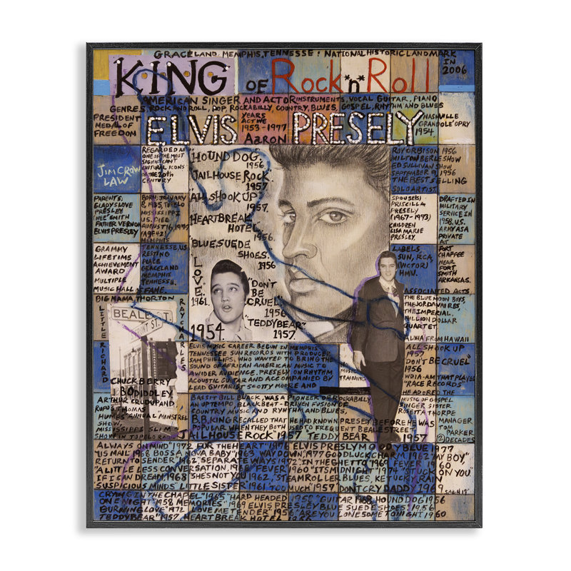 Elvis Presley, collage, estampe numérique par Sabin, Giclée encadrée noir minuit, H 14 po x l 11 po