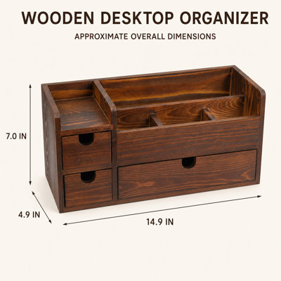 Organisateur de bureau rustique en bois avec tiroirs et fentes
