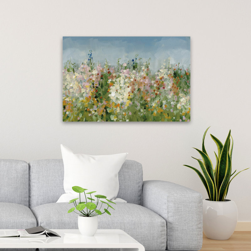 Art sur fond bleu et floral, H 24 po x l 36 po