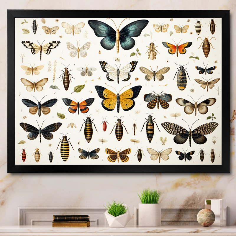 Insectes et insectes jaunes et bleus - Insectes et insectes muraux, Cadre d'angle fermé noir, H 34 po x l 44 po x P 1,5 po