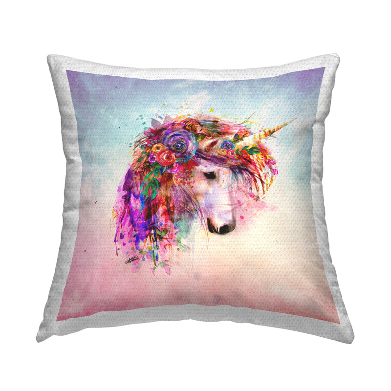 Coussin d'extÃ©rieur au motif abstrait reprÃ©sentant une licorne et des fleurs, crÃ©Ã© par Sally Kaye Barlow/Makaio Design