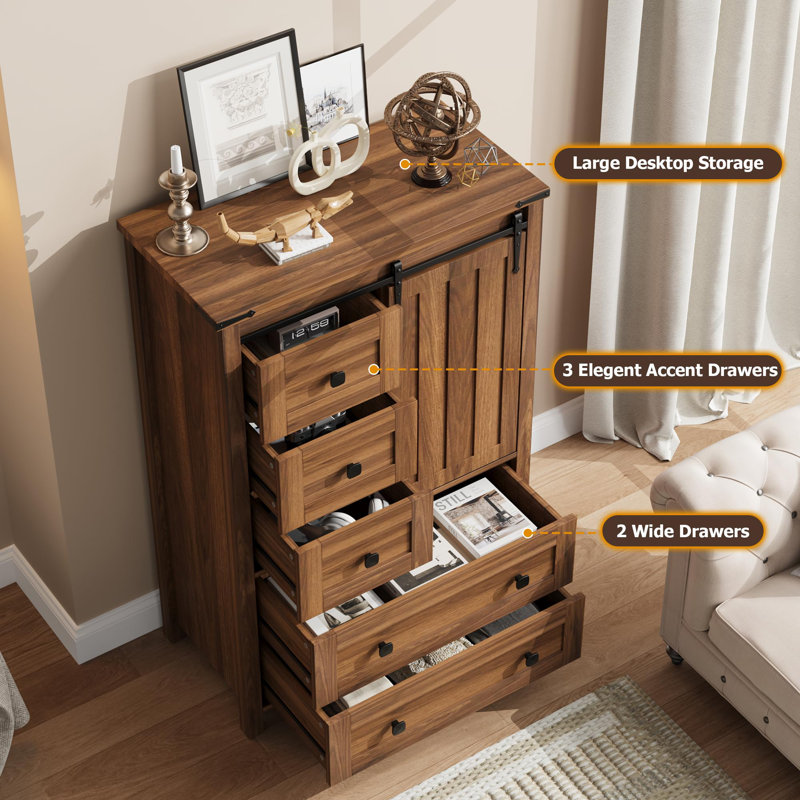 Commode à 5 tiroirs Farmhouse pour chambre à coucher, commode en bois de 48 po de hauteur avec porte de grange coulissante