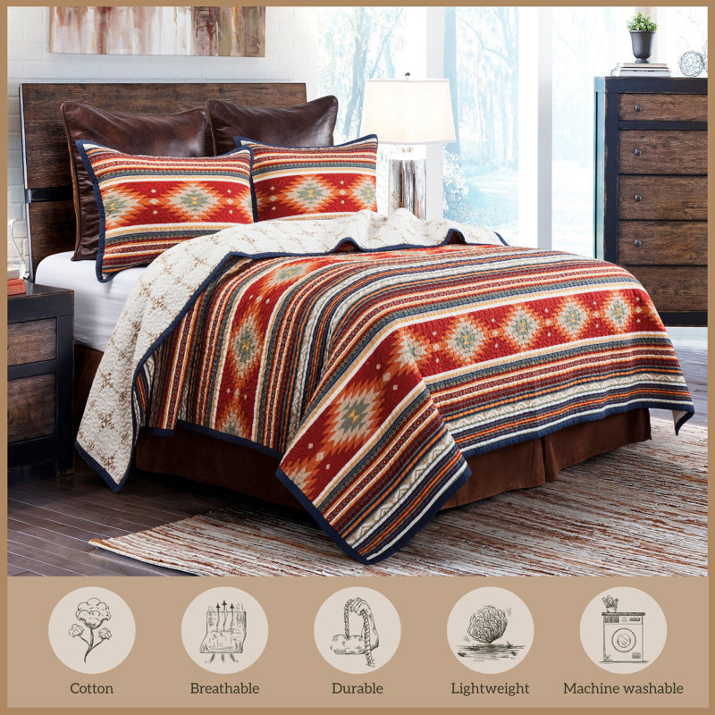 Del Sol Red/Orange/Tan Aztec Print Cotton Southwestern Style Reversible Quilt Set, Twin Quilt + 1 Sham