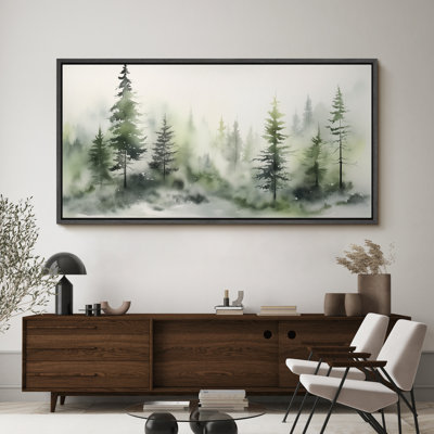 Woodland Forest Landscape " Misty Pinesest Foggy Landscape Vintage Inspired Stripes Antique Retro Extra Large Wall Decor "