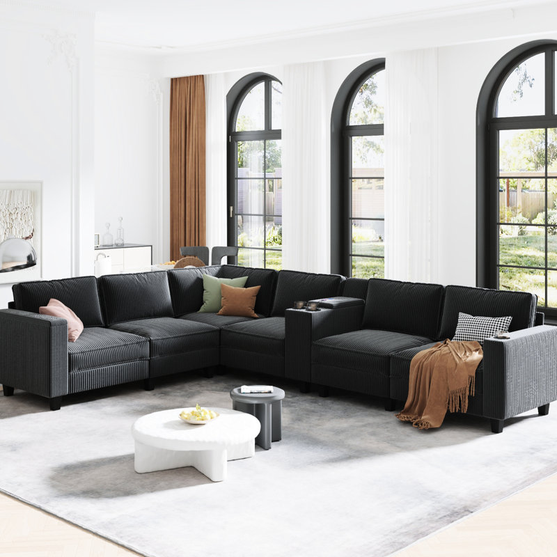 Velours côtelé en forme de L 6 133,4 po x 94,4 po avec grand espace de rangement, siège réglable, structure en fer doux gris, rangement rapide, sièges interchangeables, rembourrage en mousse, base, simple