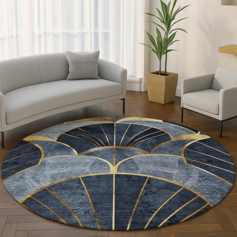 Premium Machine Washable Mayfield AMF2221 floral Rug, Navy, 8' Round