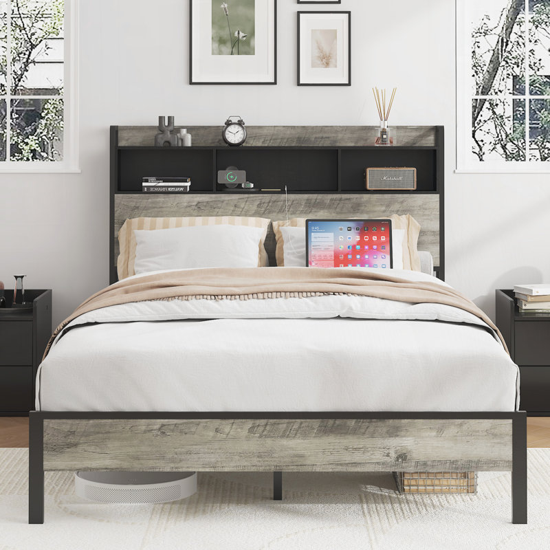 Wooden platform bed frame, with storage and 2 USBs, Full
