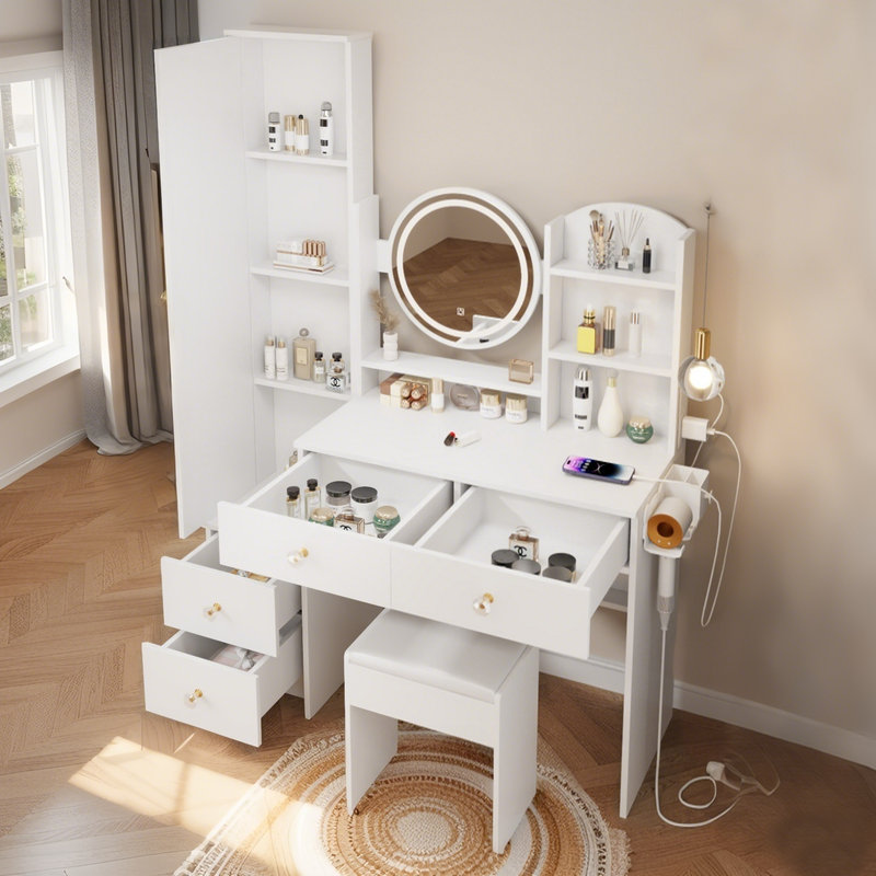 Ensemble de coiffeuse moderne avec 2 blocs d'alimentation AC + 2 USB, miroir et tabouret