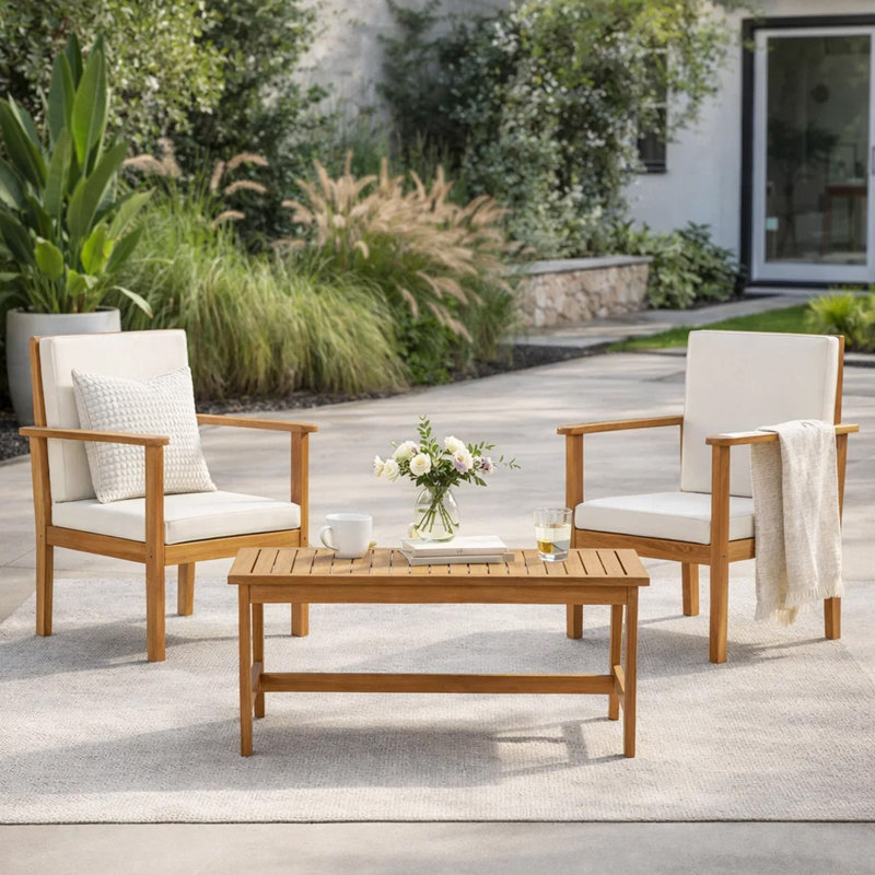 Ensemble 3 pièces avec 2 fauteuils club d'extérieur et table basse en bois d'acacia