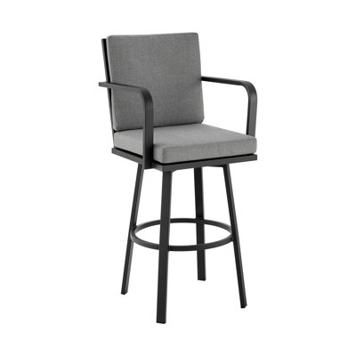 Rimmer 30" Outdoor Patio Swivel Bar Stool In Black Aluminum With Gray Cushions - Set Of 4