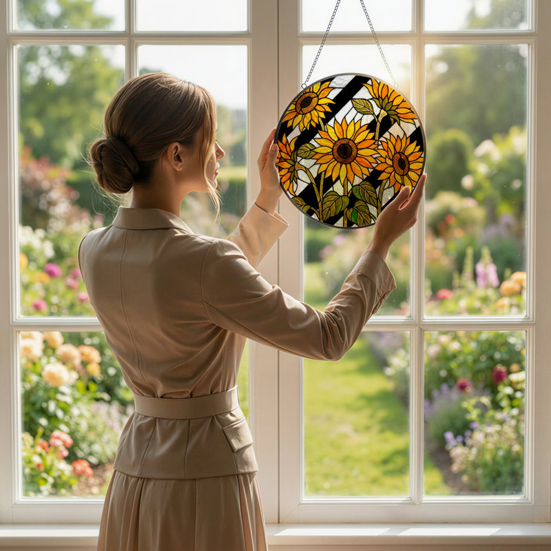 7.8"H Sunflower Pattern Stained Glass Window Panel, 7.8" H x 7.8" W