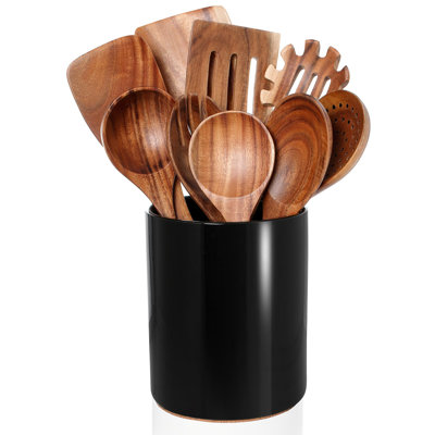 10-Piece Wooden Cooking Utensils Set with Teak Wood Spoons & Spatulas, Ceramic Holder -  4 SEASONS FURNITURE, 032215