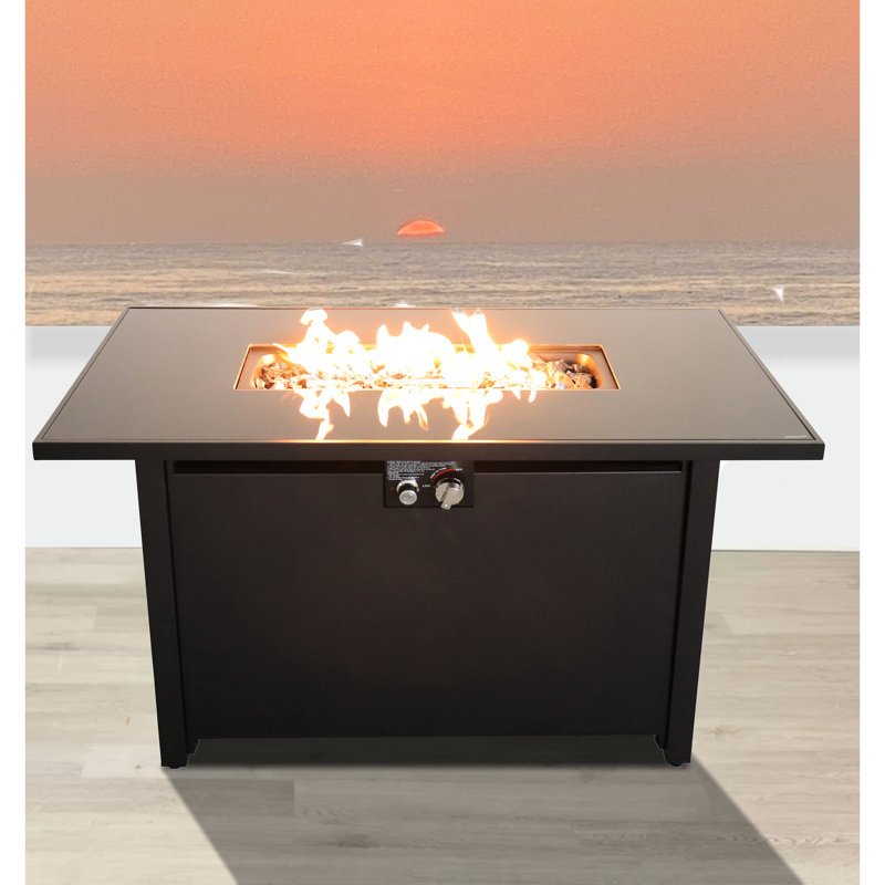 Table de foyer 50000, rectangulaire, 43 po, noir, porte-couvertures en acier inoxydable x 25 po, fumée
