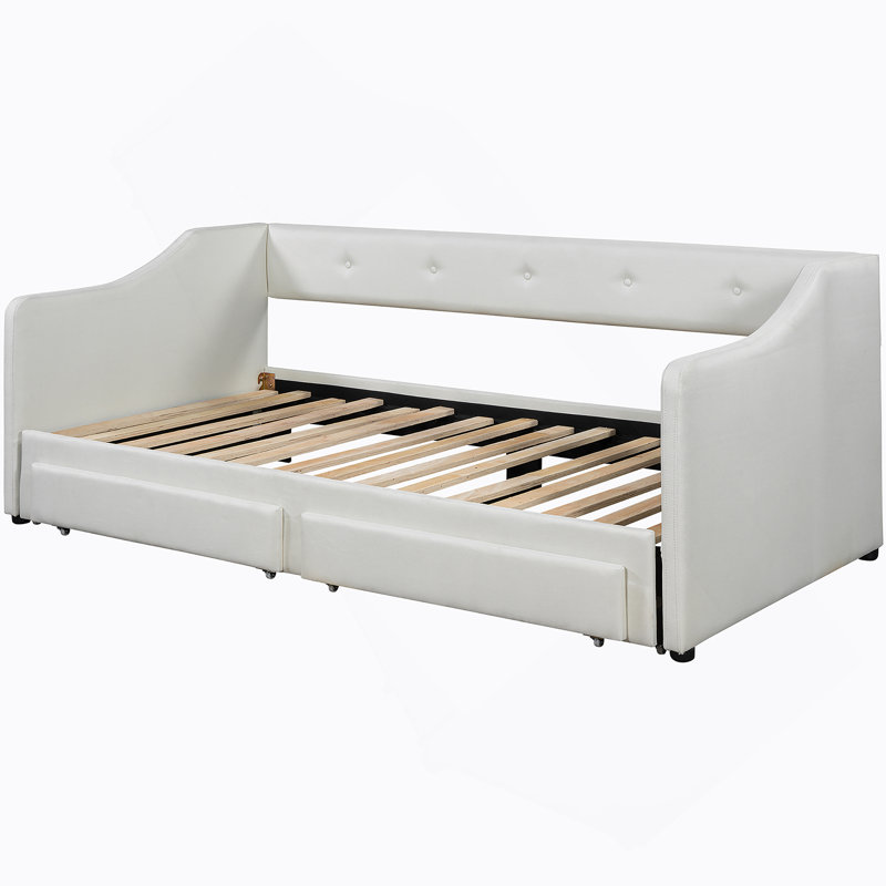 Twin XL To King Size Upholstered Daybed With Two Drawers, Beige, Beige