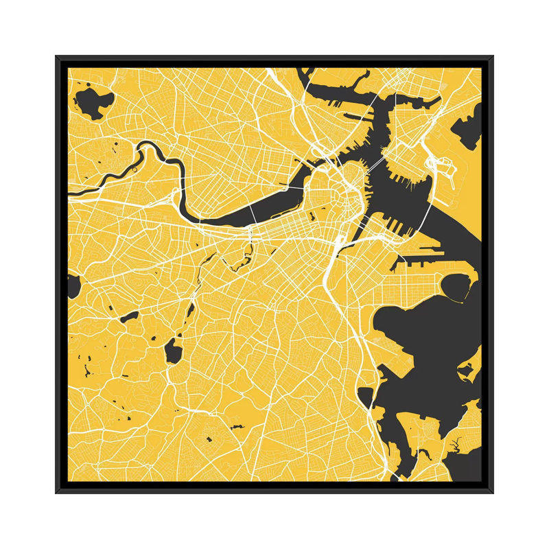 «Boston Urban Roadway Map» par Urbanraph, impression sur toile, H 18 po x l 18 po x P 1,5 po, Toile avec cadre noir
