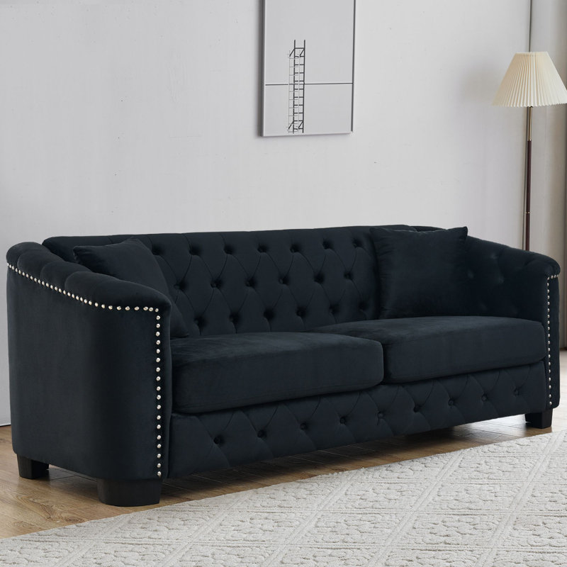 Hafid 76.89'' Velvet Sofa, Black Velvet, 30" H x 77" W x 31.5" D