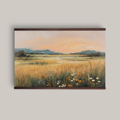 Farmhouse Meadow Landscape Canvas Wall Art, Wildflower Field Countryside Sunset Painting, Rustic Nature Wall Decor