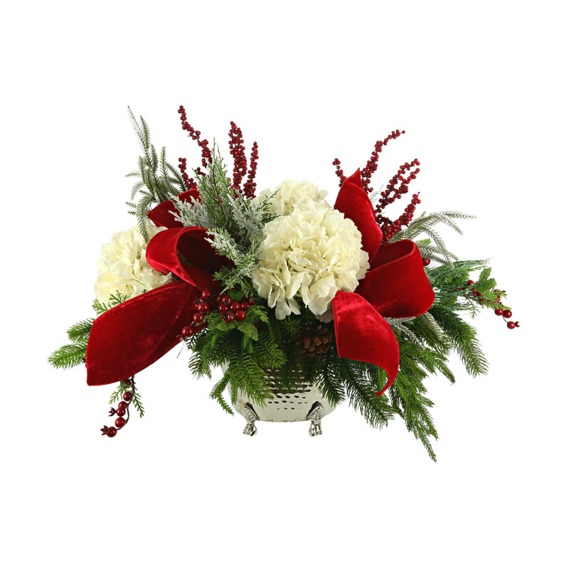 Snowy Evergreen Holiday Arrangement with Hydrangeas and Bows
