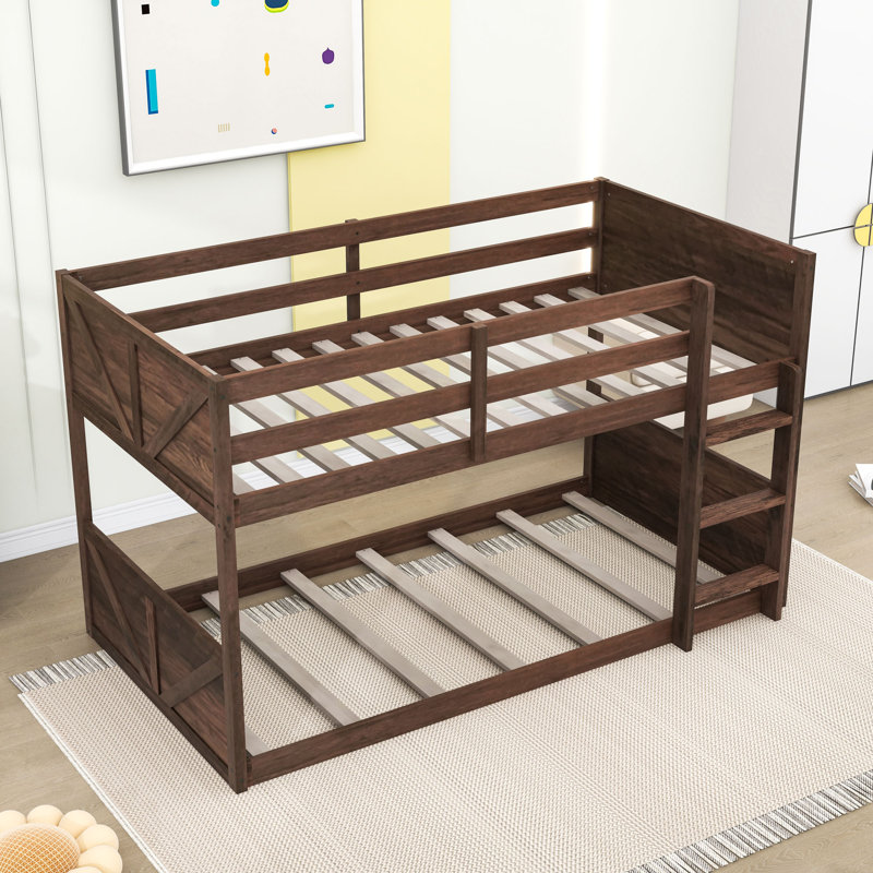 Twin Over Twin Rustic Wooden Bunk Bed With Safety Guardrails And Ladder, Antique Oak
