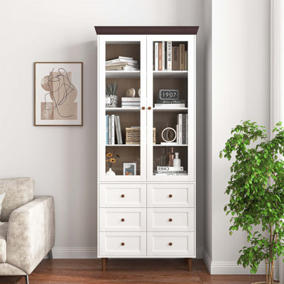 Armoire de rangement en panneau de fibres à densité moyenne avec portes en verre et tablettes réglables, autoportante pour la cuisine et le salon