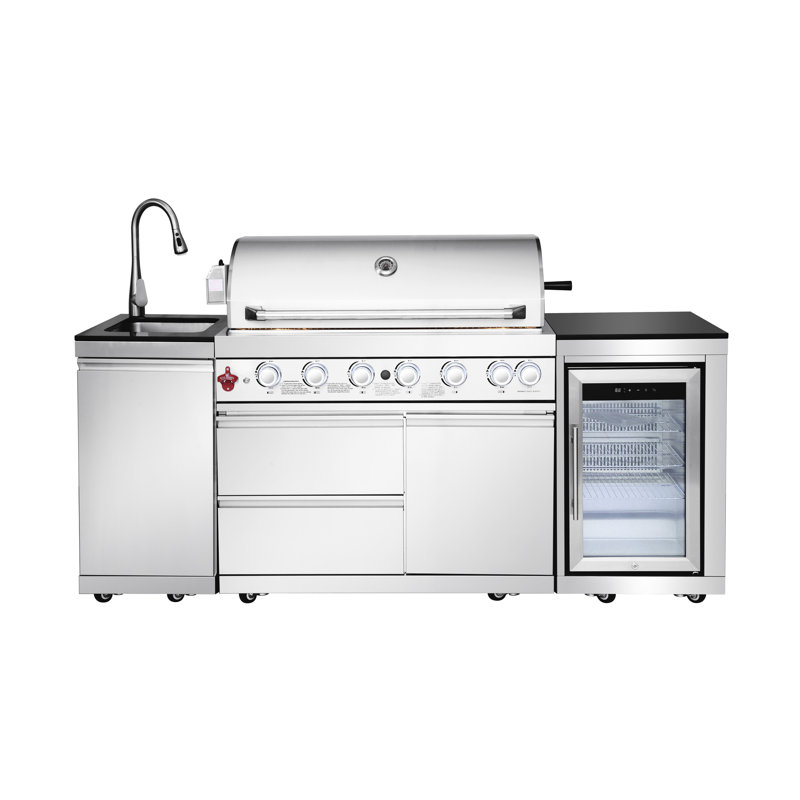 Îlot de cuisine d'extérieur au gaz 85000 avec évier en acier inoxydable, rangement et réfrigérateur compact 85 pouces Silver Design, 304, Silver