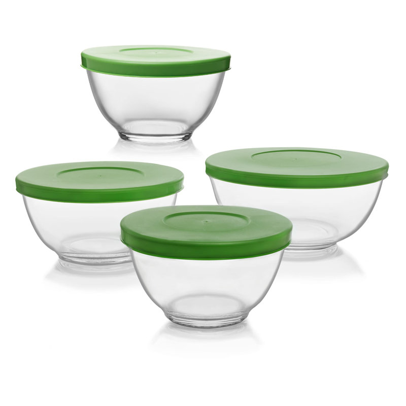 Libbey 4-Piece Clear Glass Mixing Bowl Set with Green Lids