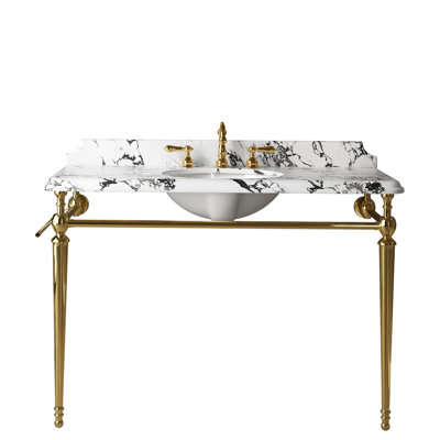 Console de lavabo de salle de bain de 122 cm (48 po), lavabo encastré en céramique et comptoir en marbre artificiel blanc panda avec 3 trous pré-percés pour robinetterie, pieds de support autoportants en acier inoxydable avec porte-serviettes, couleur or