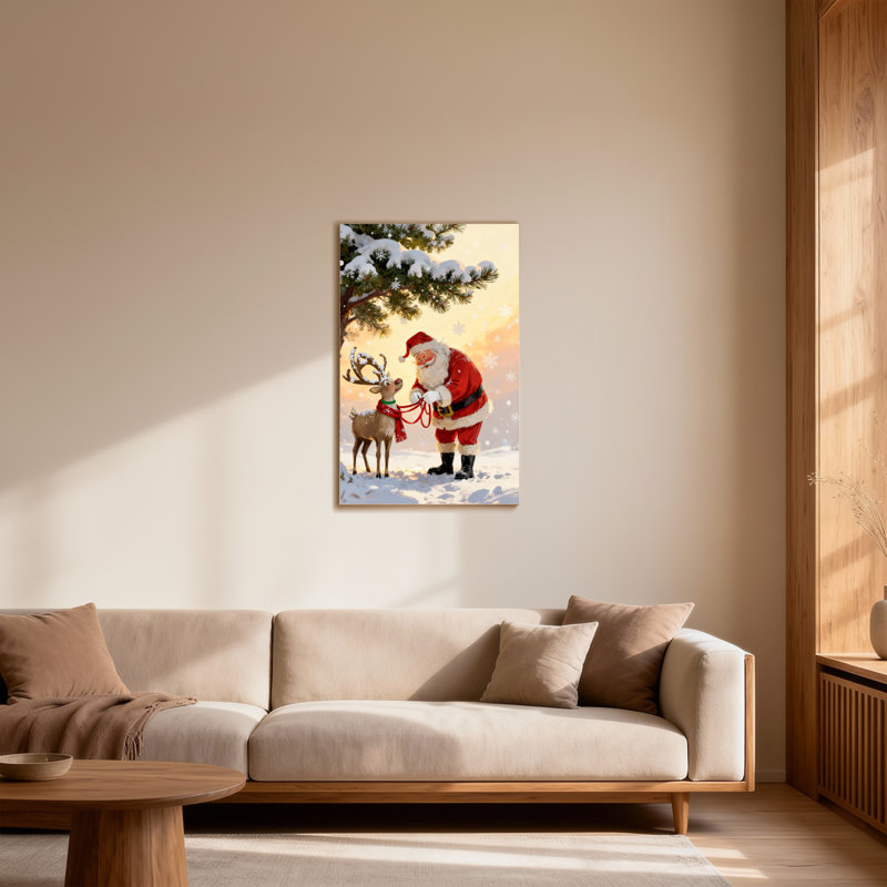Père Noël avec des rennes dans une scène enneigée, H 36 po x l 24 po