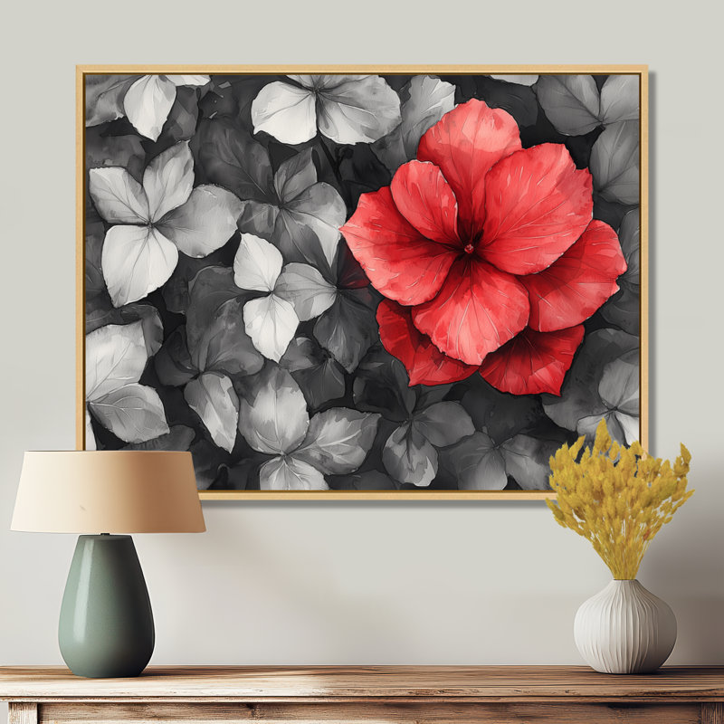 Jaan Monochrome Hydrangeas With Bold Red Accent I - Hydrangea Wall Art, 12" H x 20" W, Floater Frame Print, Silver