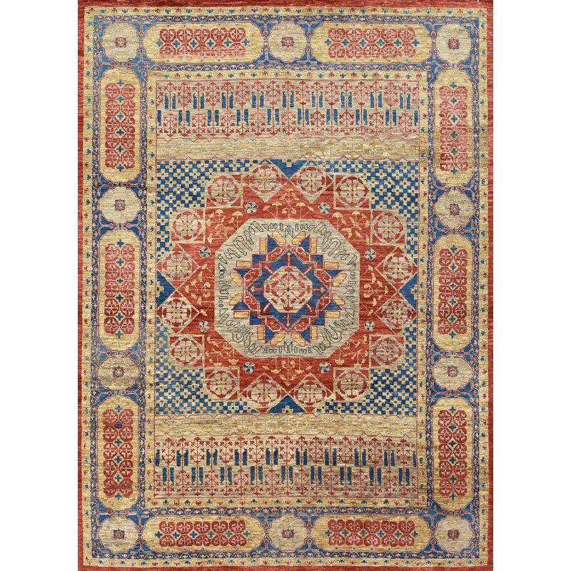 Tapis orange / beige / bleu en laine noué à la main de conception unique 10 pi 2 po x 14 pi 1 po New Age