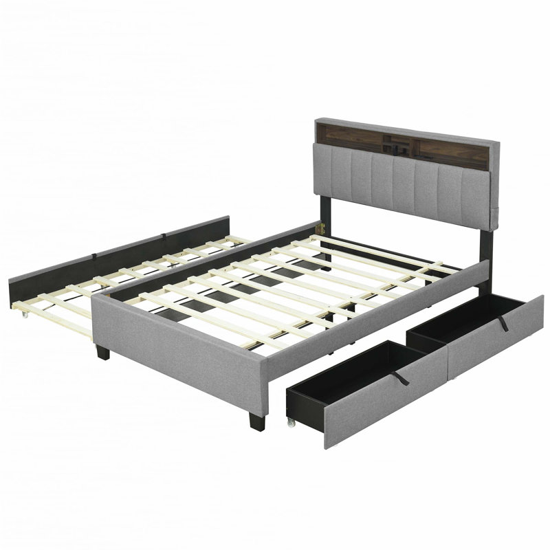 Upholstered Platform Bed with Storage Headboard, Grey