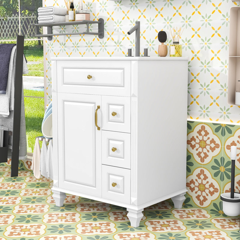 Meuble-lavabo autoportant élégant avec lavabo en céramique, tiroir rabattable, tablette réglable et support de rangement