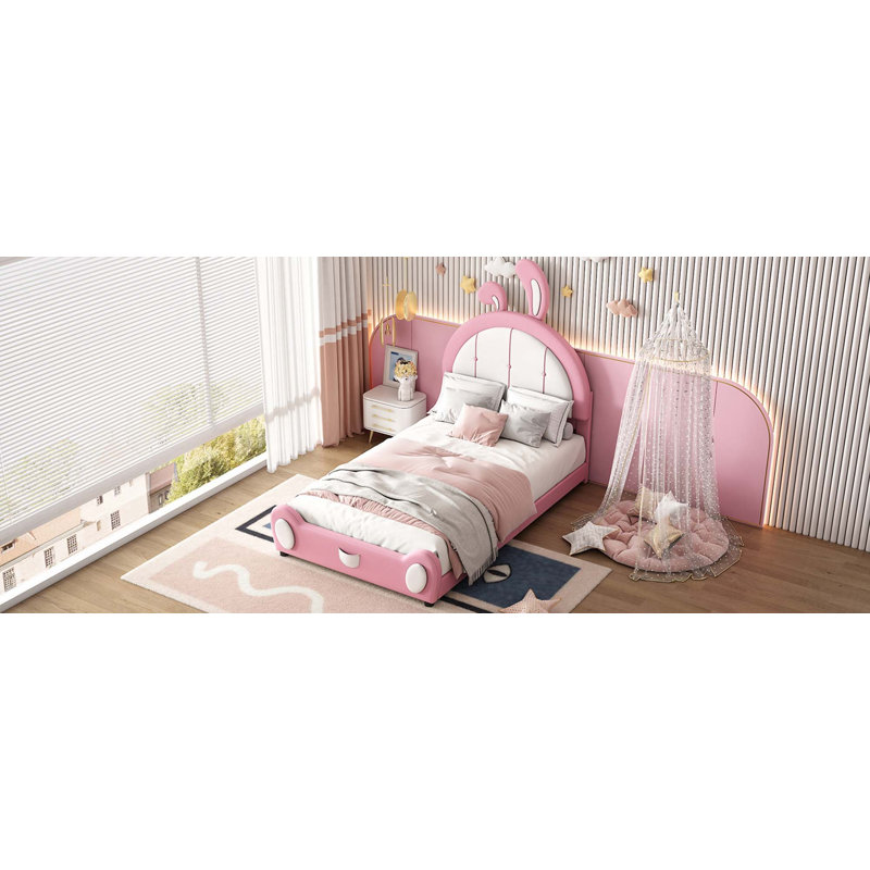 Lit plateforme simple tapissier avec tête de lit en forme de lapin, Pink/White