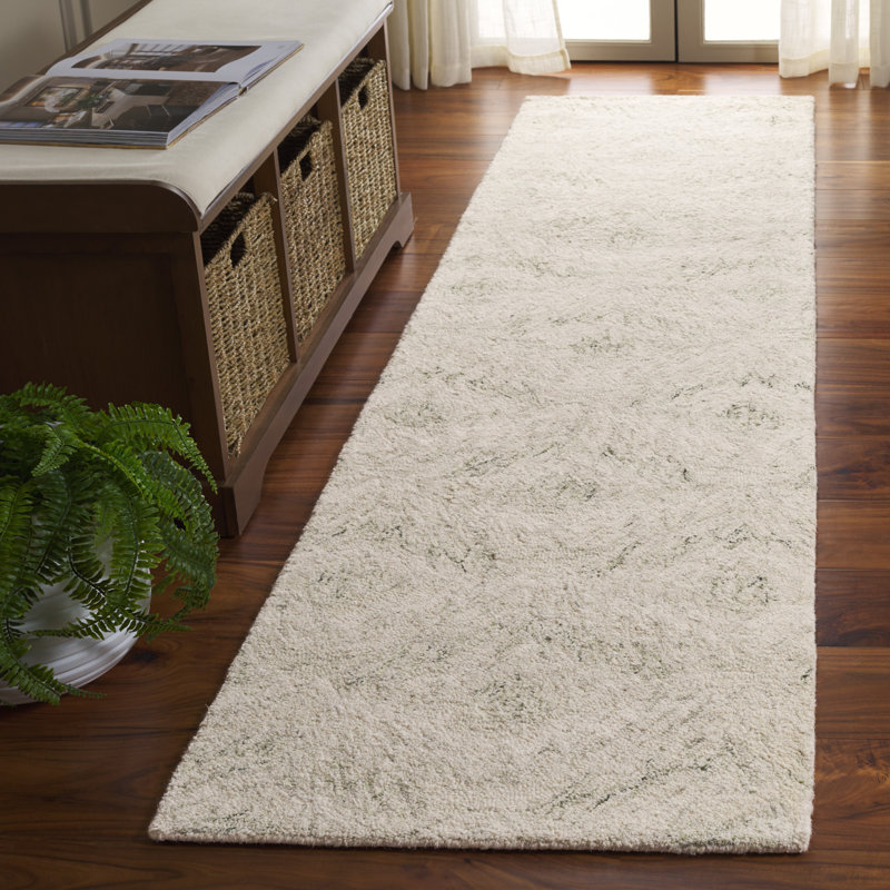 Larkyn Ebony Hand Tufted Wool/Cotton Geometric Rug in Ivory/Light Green, Runner 2'3" x 9'