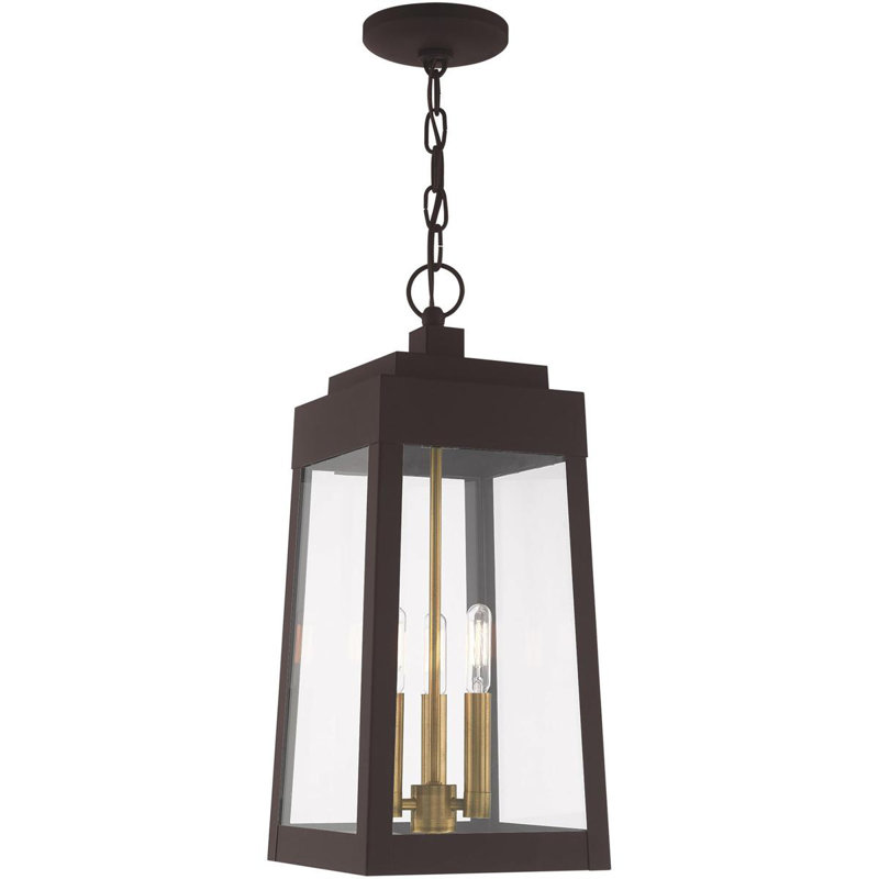 3 Light Outdoor Pendant Lantern with Clear Glass Shade, Black/Bronze, 19.75" H x 8.25" W x 8.25" D