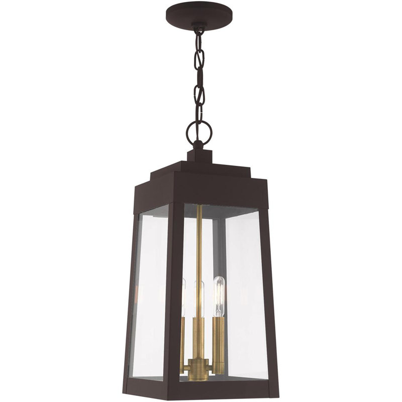 3 Light Outdoor Pendant Lantern with Clear Glass Shade, Black/Bronze, 19.75" H x 8.25" W x 8.25" D