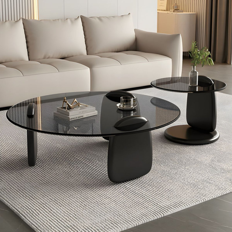 Staciee Contemporary 2-piece Round Glass Cocktail Table With Solid Oak Base