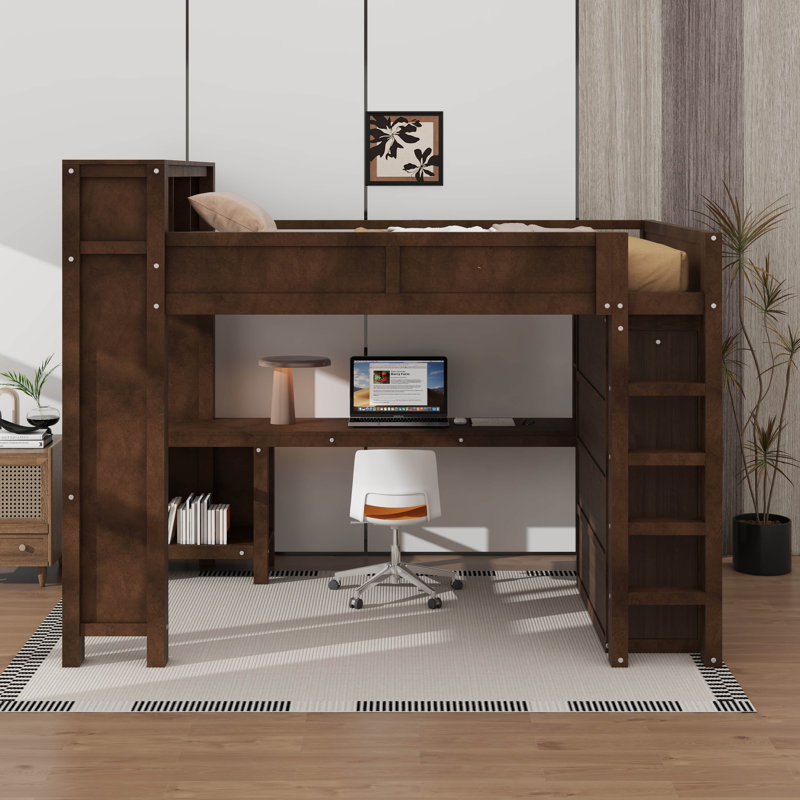 Grand lit mezzanine avec garde-robe et bureau, tête de lit avec rangement et port USB, Brun
