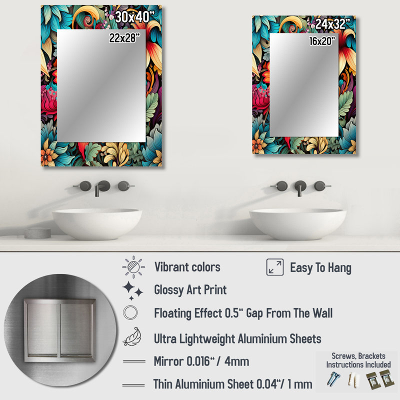 Veras Tropical Tapestries Boho Pattern - Floral Large Wall Mirror, Cottage Decorative Mirror, Printed Metal Art, 32" x 24"