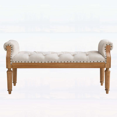 Mid-Century Solid Wood Upholstered Bench, End of Bed Bench with Rolled Arms, Classic Button-Tufted Ottoman, Beige